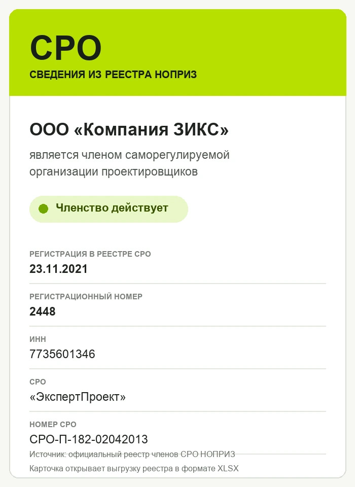 Сведения о членстве ООО «Компания ЗИКС» в СРО